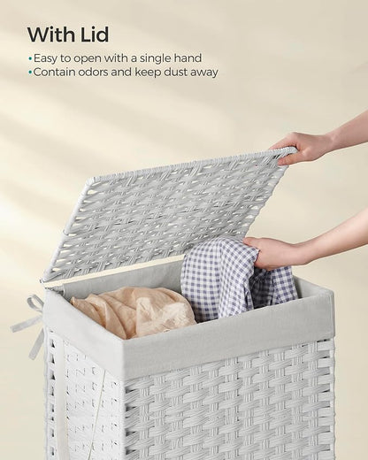 SONGMICS Laundry Hamper with Lid, 23.8 Gallon (90 L) Synthetic Rattan Clothes Laundry Basket with Lid and Handles, Foldable, Removable Liner, Cloud White ULCB51WT