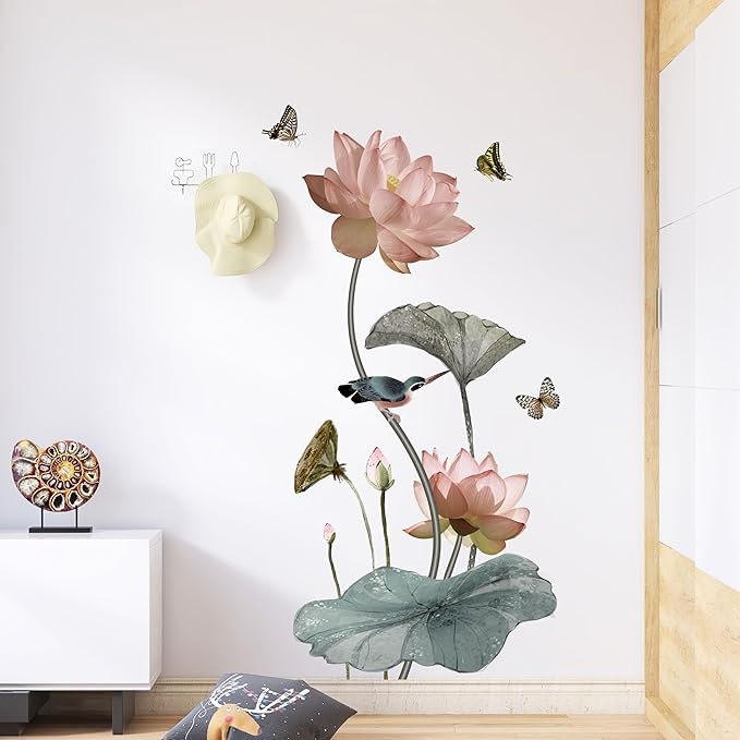3D Wall Stickers DIY Flower Wall Decal Removable Waterproof Wall Art Decor for Bedroom Living Room Offices Home Decoration (Lotus Butterfly)