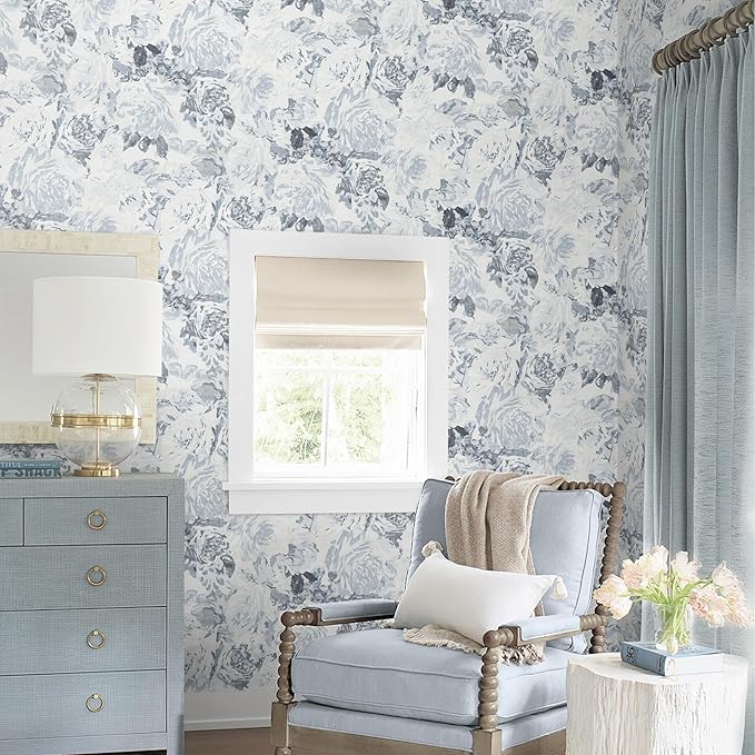 Dimoon 197"x17.3" Floral Peel and Stick Wallpaper Boho Blue White Contact Paper Flower Removable Wallpaper Renter Friendly Kitchen Wall Paper Shelf Liner Bathroom Self Adhesive Vintage Thicken Vinyl