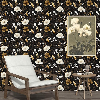Fvlow Dark Floral Wallpaper Peel and Stick 17.4" x 394", Vintage Golden Contact Paper Waterproof Moody Self Adhesive Covering for Bedroom Cabinet Bathroom, Retro Flower Pattern Design Wall Decor Black