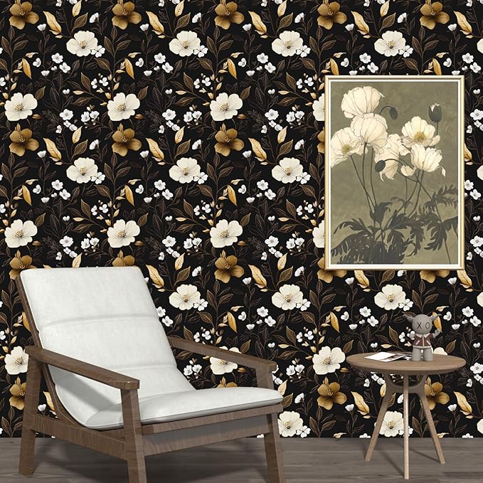 Fvlow Black Gold Floral Wallpaper Peel and Stick 17.4" X 118" Golden Leaf Small Flower Contact Paper Floral Pattern Removable Self Adhesive Covering for Bedroom Cabinet Bathroom Home Decor Black Dark