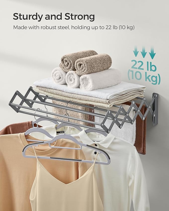 SONGMICS Clothes Drying Rack, Wall-Mounted Drying Rack Clothing, Small Accordion Laundry Rack, 9 Staggered Hanging Rods, Expandable and Retractable, Dove Gray ULLR802G01