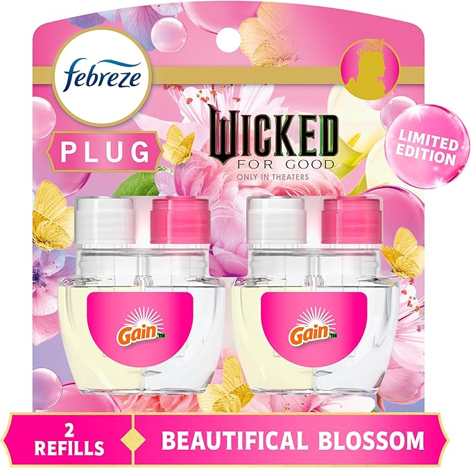 Febreze Plug-In Air Freshener, “Wicked: For Good” Limited Edition Odor-Fighting Scented Oil Refill, Home, Bathroom & Kitchen Use, Long Lasting, Beautifical Blossom, 2 Count