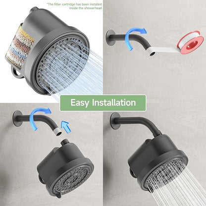 Filtered Shower Head with 30 Stage Water Softener Filter, 6 Inch High Pressure Showerhead for Hard Water, 5 Spray Modes to Remove Chlorine & Heavy Metals, Easy Install Fixed Shower Head