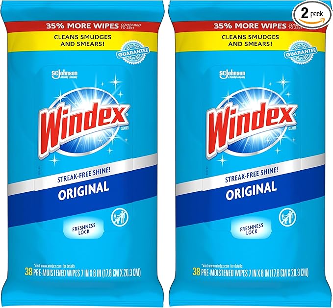 Windex Wipes Glass Cleaning, Pre-Moistened Glass and Surface Wipes to Clean Home Surfaces, Household Essentials, Original Scent, 38 Count (Pack of 2)