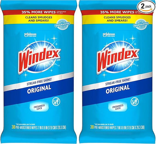 Windex Wipes Glass Cleaning, Pre-Moistened Glass and Surface Wipes to Clean Home Surfaces, Household Essentials, Original Scent, 38 Count (Pack of 2)