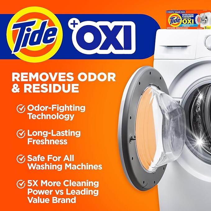 Washing Machine Cleaner by Tide, Washer Machine Cleaner with Oxi for Front and Top Loader Washer Machines, Deep Cleaning Residue & Odor Eliminator, 10 Month Supply + Calendar