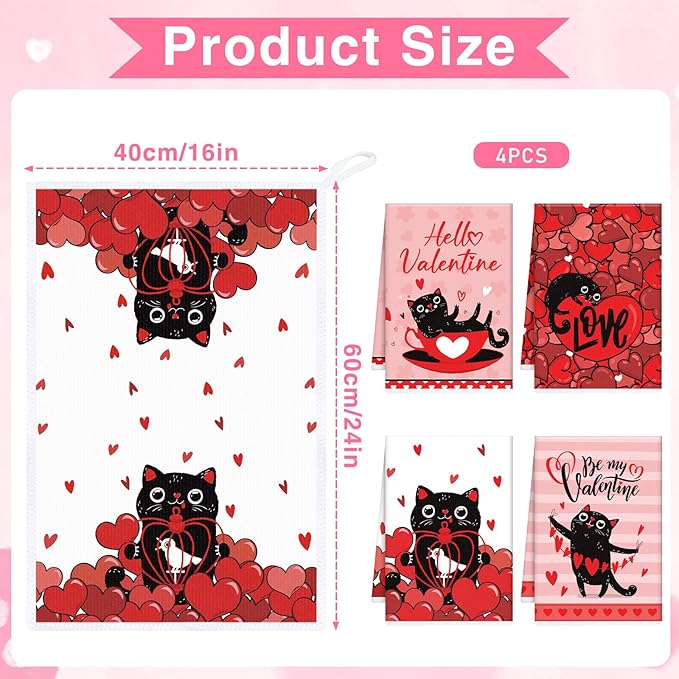 Valentines Day Kitchen Towels, 4PCS Cat Hand Towels for Cooking Cleaning, Absorbent Aesthetic Tea Towel with Hanging Loop for Valentines Home Kitchen Decor(16 X 24 Inches)