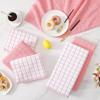 Homaxy Premium Cotton Kitchen Towels 16"x 28", Large Natural Ring Spun 390 GSM Dish Towels, Super Absorbent Terry Kitchen Hand Towels, Soft Tea Towels with Hanging Loop, Pink Check Design, 12 Pack
