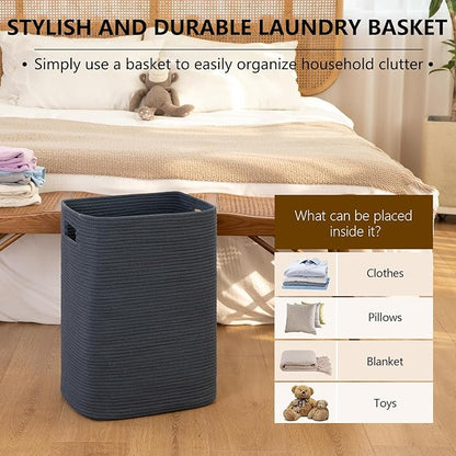 OIAHOMY Laundry Hamper, Laundry Basket，Rectangle Cotton Large Blanket Storage Basket for Living room,Bedroom Woven Decorative Storage for Toys,Clothes,Pillows-16x13x22in-Blue