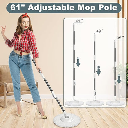 Mop and Bucket with Wringer Set,Spin Mop and Bucket System, Mops for Floor Cleaning,Household Supplies Tools with 6 Replacement Refills,61" Extended Handle for Household Hardwood Floor - White