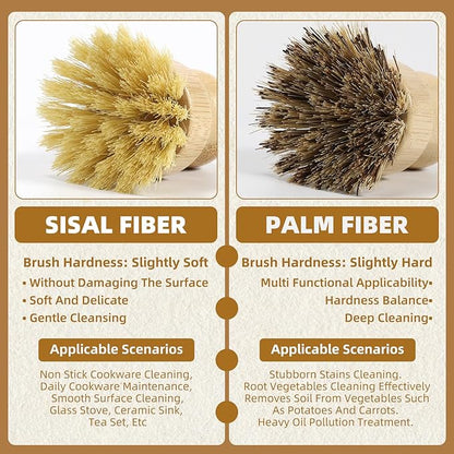 4 Pack Bamboo Dish Brush Set, Natural Palm Dish Scrubber for Pots and Vegetables, Sisal Bristle Bamboo Scrub Brush for Cleaning Dishes and Pans