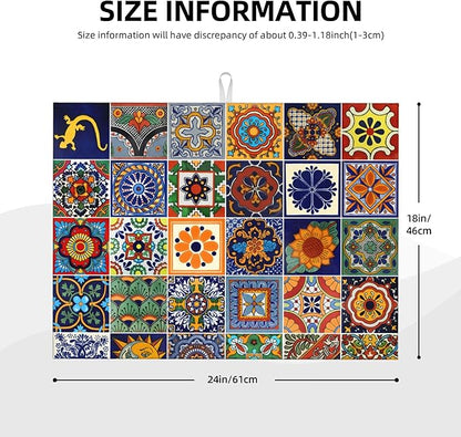 Talavera Tiles Dish Drying Mat for Kitchen Counter, 18 x 24 Inch Microfiber Dish Mats for Drying Dishes, Absorbent Dish Drying Pad Talavera Kitchen Decor Rack Mat