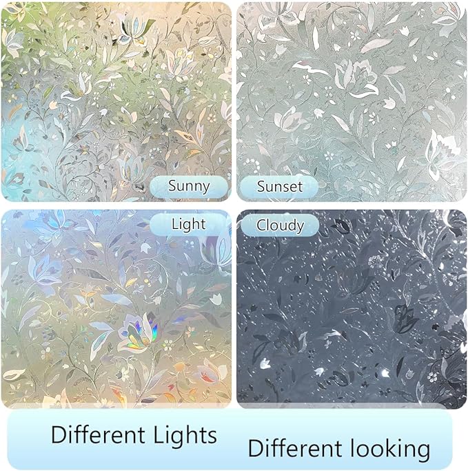HIDBEA Window Privacy Film, 3D Stained Glass Static Cling - Sun Blocking Anti-UV Heat Control, Reusable Decorative Film for Home/Office Doors, Rainbow Tulip Design (17.3 in x 78.7 in)