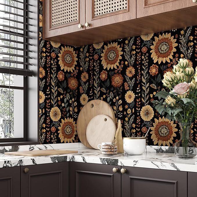 Boho Dark Floral Peel and Stick Wallpaper, Vintage Black Brown Flower Pattern Design Removable Wall Paper for Bedroom Cabinet Drawer, Vinyl Abstract Classic Contact Paper Decor 17.5In x 118In