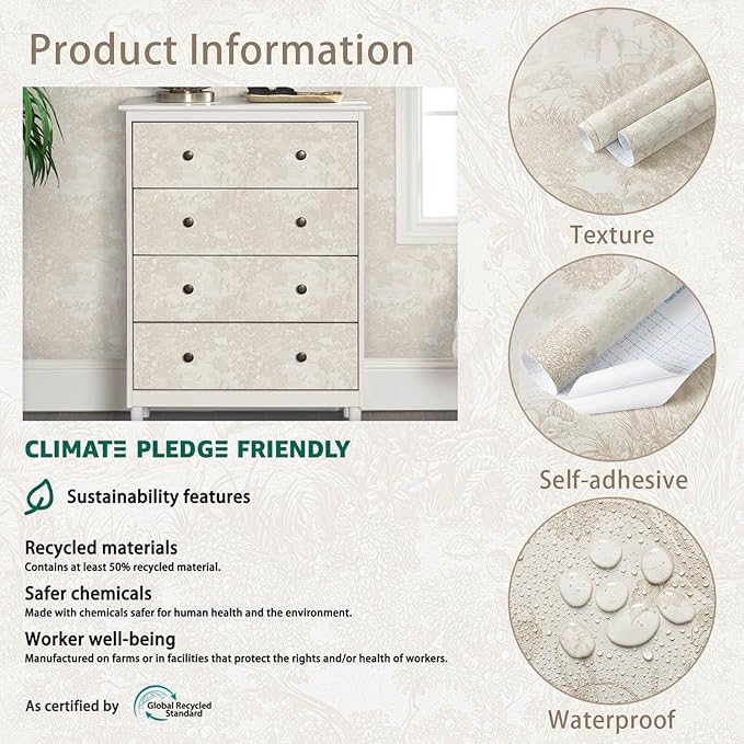 Heroad Peel and Stick Wallpaper Beige Neutral Vintage Forest Animals Floral Wallpaper Removable Self-Adhesive Contact Paper for Bedroom Living Room Cabinets Decoration Thicken Vinyl 17.3" x 393"
