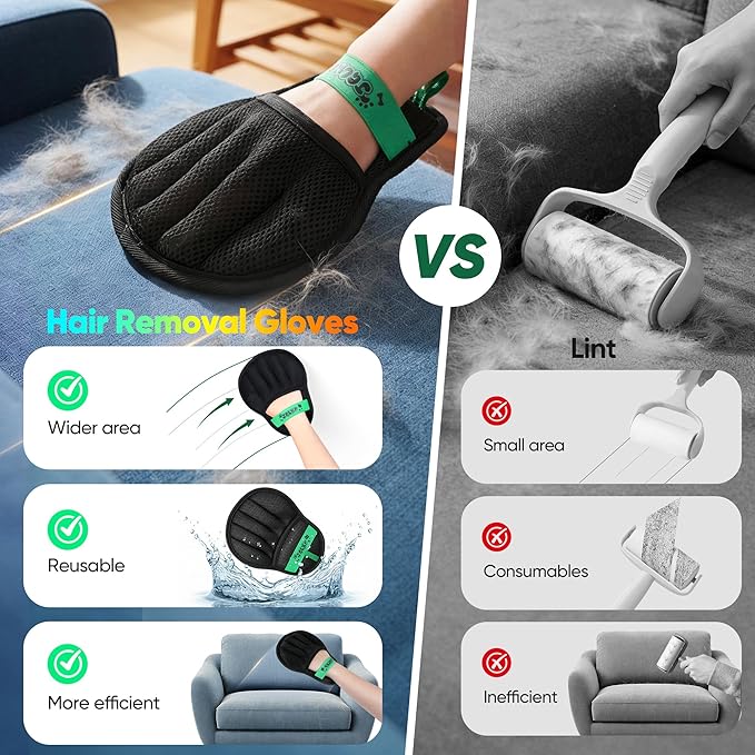 Upgraded Pet Hair Removal Glove for Dogs & Cats, Electrostatic Five-Finger Hair Remover for Furniture, Couch, Carpet, Clothing& Car Seat, 2Pcs Reusable Magic Brush Pet Hair Remover Tool (Black)