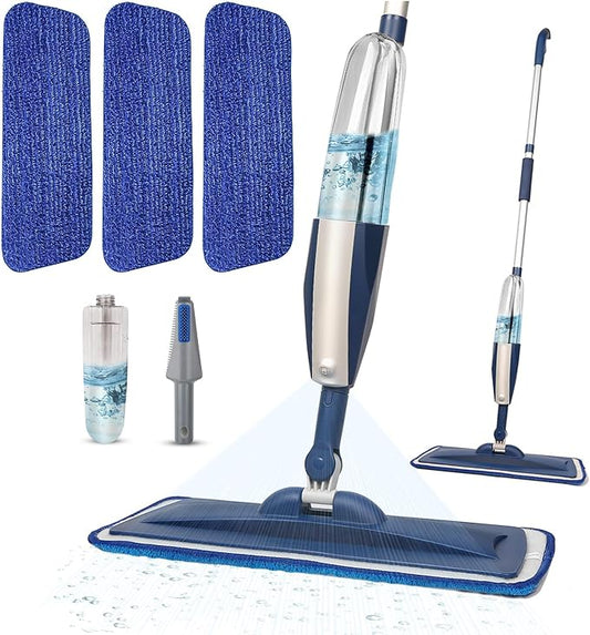 Spray Mops for Floor Cleaning Floor Mop with a Refillable Spray Bottle and 3 Washable Microfiber Pads Home or Commercial Use Dry Wet Flat Mop for Hardwood Laminate Wood (Dark Blue)