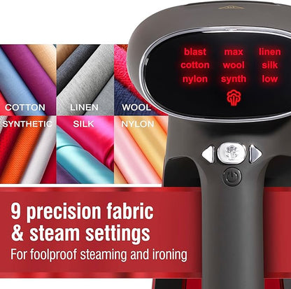 CHI Deluxe Digital 3-in-1 Handheld Garment Steamer & Steam Iron for Clothes, 220 ml Water Tank For up to 20 Minutes of Use, 9 Fabric Modes, Fast 30 Second Heat-Up, 8’ Retractable Cord, Black (11620)