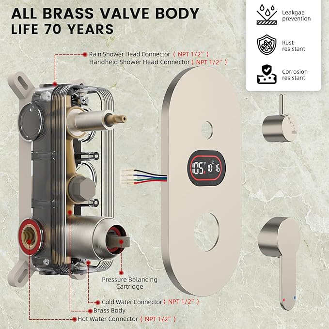 Round Shower Faucet Set with Hydro Power Temperature Display, Shower System Bathroom 12 In Shower Head with Handheld Spray, Wall Mounted Shower Fixtures with Shower Valve and Trim Kit-Brushed Nickel