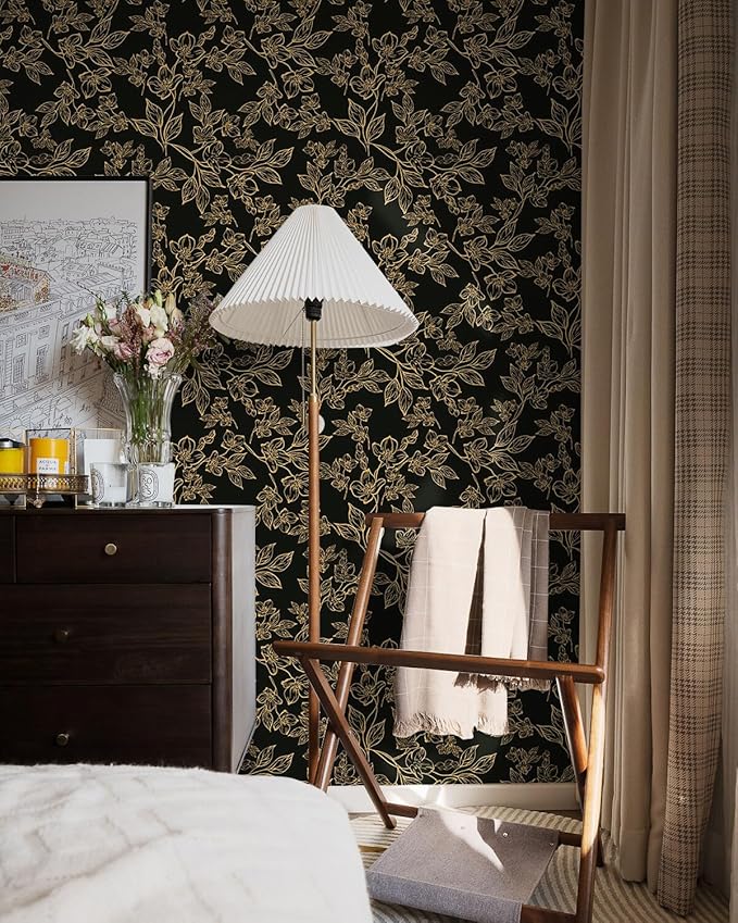 Ismoon Floral Peel and Stick Wallpaper Vintage Black and Gold Contact Paper Dark Stick on Wallaper Removable Self Adhesive Wall Paper for Cabinets Shelf Drawer Bedroom Vinyl Roll 17.3x196in
