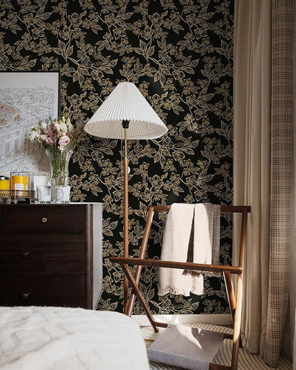 Ismoon Floral Peel and Stick Wallpaper Vintage Black and Gold Contact Paper Dark Stick on Wallaper Removable Self Adhesive Wall Paper for Cabinets Shelf Drawer Bedroom Vinyl Roll 17.3x196in
