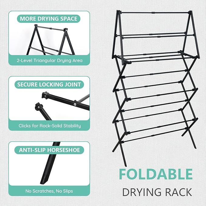 4 Tier Clothes Drying Rack Foldable | Foldable Clothing Drying Rack | Laundry Drying Rack Collapsible for Laundry Room, Dorm, Expandable Sturdy Metal Design | Black 29"L x 11.5"W x 53"H