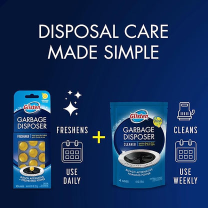 Glisten Garbage Disposer Cleaner and Freshener, Sink Disposal Odor Eliminator with Foaming Action, Lemon Scent, 4 Packets
