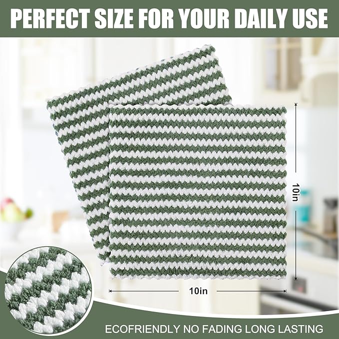 Homaxy 12 Pack Kitchen Dish Cloths, Ultra Soft and Absorbent Dish Towels, Reusable Fast Drying Microfiber Cleaning Cloth, Coral Velvet Wave Design No-lint, 10 x 10 inches, Grass Green