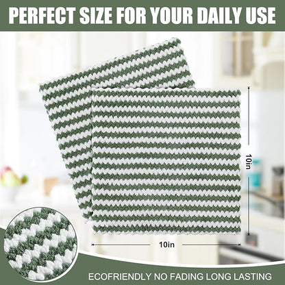 Homaxy 12 Pack Kitchen Dish Cloths, Ultra Soft and Absorbent Dish Towels, Reusable Fast Drying Microfiber Cleaning Cloth, Coral Velvet Wave Design No-lint, 10 x 10 inches, Grass Green
