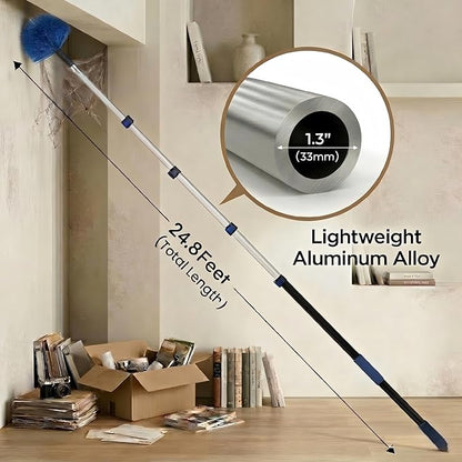30ft High Ceiling Duster Kits with 5-24ft Heavy Duty Extension Pole - Fan Blade Cleaner, Cobweb Remover & Blue Window Squeegee Kit, Washable Dust Brush for High Roof and Glass Surfaces