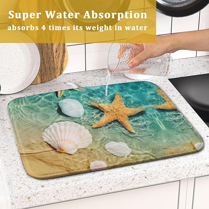 Summer Beach Style Dish Drying Mat for Kitchen Counter,Starfish and Seashell Drying Mat 16 x 18 Inch with High Absorbent Reversible Microfiber Dish Drying Pad Drainer Mat for Coffee Bar
