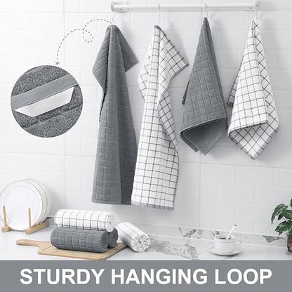 Homaxy Premium Cotton Kitchen Towels 16"x 28", Large Natural Ring Spun 390 GSM Dish Towels, Super Absorbent Terry Kitchen Hand Towels, Soft Tea Towels with Hanging Loop, Grey Check Design, 6 Pack