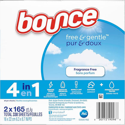 Bounce Free And Gentle Dryer Sheets For Sensitive Skin, Hypoallergenic, Free Of Dyes And Perfumes, Unscented, 330 Count