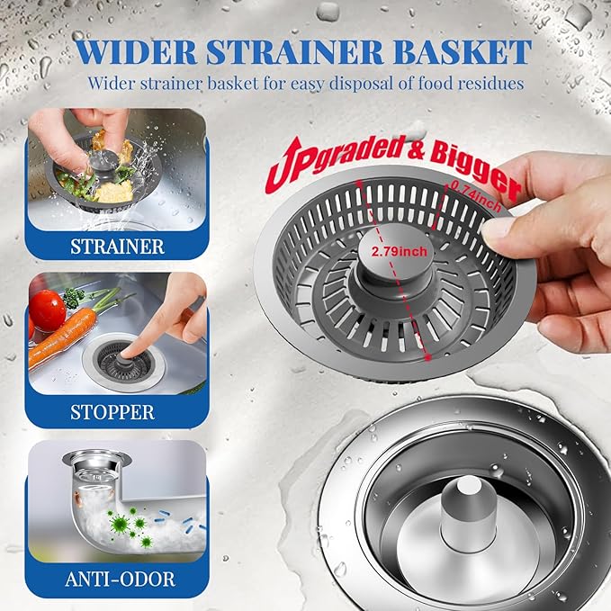 Upgraded 3in1 Kitchen Sink Drain Strainer & Sink Stopper,304 Stainless Steel Metal Sink Drain Stopper with Anti-Clogging Wider Strainer Basket,Kitchen Essentials for US Standard 3-1/2" Drain (Silver)