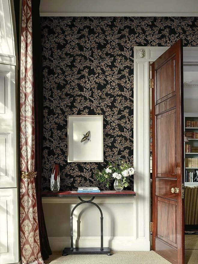 Ismoon Floral Peel and Stick Wallpaper Vintage Black and Gold Contact Paper Dark Stick on Wallaper Removable Self Adhesive Wall Paper for Cabinets Shelf Drawer Bedroom Vinyl Roll 17.3x196in