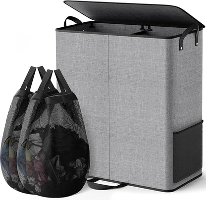 Large Double Laundry Hamper with Lid, Removable Bags & Reinforced Handles, 2 Section Tall Laundry Basket, Dirty Clothes Hampers for Laundry Room, Bedroom, Bathroom, Dorm, 155L, Gray