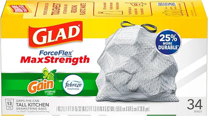 Glad Tall Kitchen Trash Bags 13 Gallon, Gain Original Garbage Bags, Odorshield with Drawstring, 34 Count