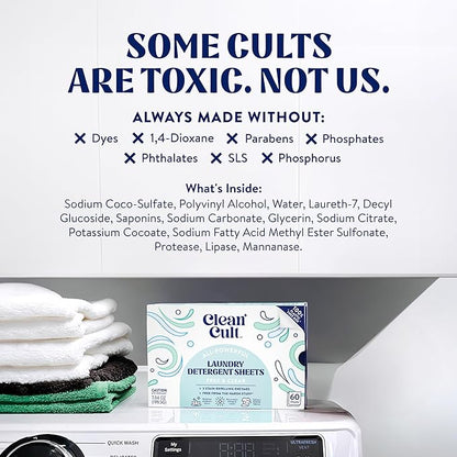 Cleancult Laundry Detergent Sheets - Resealable Box - 3 Stain Fighting Enzymes - Fragrance Free - 60 Loads - Free of Harsh Chemicals - No Mess - No Plastic Waste (Pack of 2)