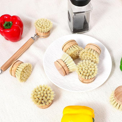 8 Pcs Wooden Dish Brush with Handle Bamboo Scrub Brush for Dishes with Dish Brush Replacement Head Dish Brush for Kitchen Cleaning Dishes