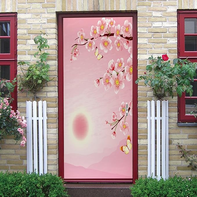 A.Monamour 3D Door Stickers for Interior Doors Cherry Blossom and Butterfly on Pink Background Vinyl Waterproof Self Adhesive Door Mural Decals for Bedroom Office Bathroom 77x200cm