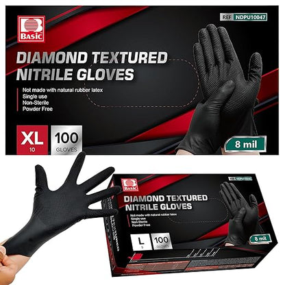 Jointown Basic Heavy Duty Nitrile Gloves, Mechanic Gloves 8 Mil Nitrile Disposable, with Raised Diamond Texture, Case of 100, Black, XLarge
