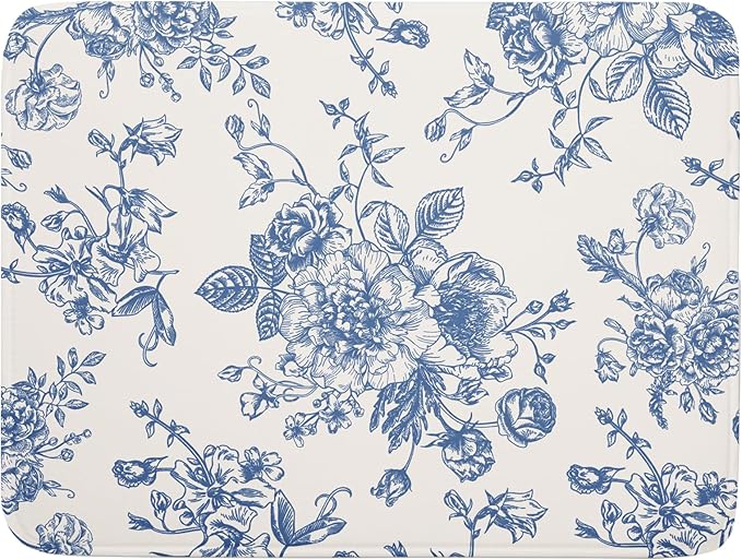 Vintage Blue Floral Dish Drying Mat for Kitchen Counter 18x24 Inch Chinoiserie Flowers Absorbent Reversible Microfiber Dish Pad Dish Drainer Rack Mats Countertops Protector Mat