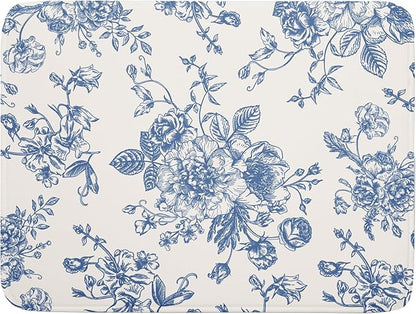 Vintage Blue Floral Dish Drying Mat for Kitchen Counter 18x24 Inch Chinoiserie Flowers Absorbent Reversible Microfiber Dish Pad Dish Drainer Rack Mats Countertops Protector Mat