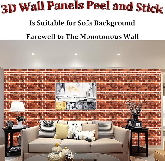 3D Wall Panels Peel and Stick, 3D Wall Panels Self Adhesive Waterproof 10PCS PVC 3D Brick Wallpaper Peel and Stick for Interior Wall Decor,Bedroom,Living Room12''x12'' (Dark Red Stone)