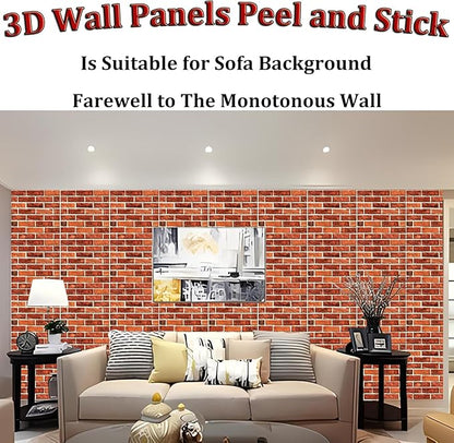 3D Wall Panels Peel and Stick, 3D Wall Panels Self Adhesive Waterproof 10PCS PVC 3D Brick Wallpaper Peel and Stick for Interior Wall Decor,Bedroom,Living Room12''x12'' (Dark Red Stone)