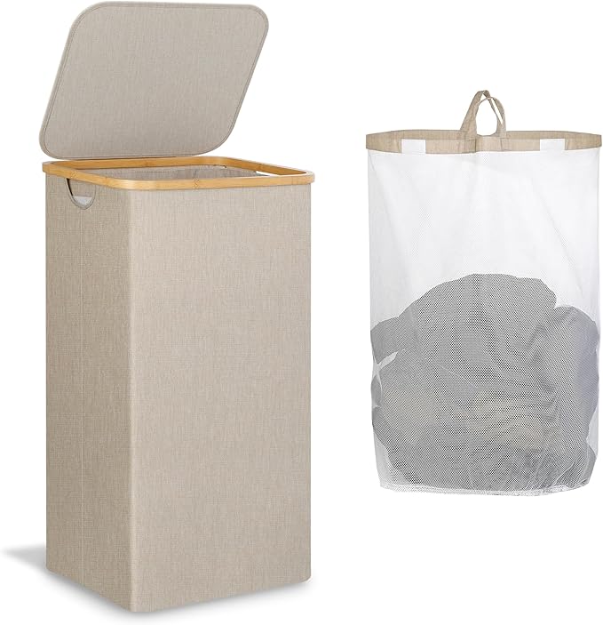 Laundry Basket with Lid, Large Laundry Hamper with Handle and Lid, Collapsible Clothes Basket Organizer with Removable Inner Bag for Clothes Toys Towels (Oatmeal, 110L)