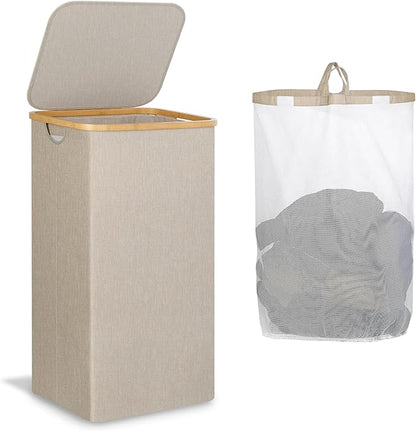 Laundry Basket with Lid, Large Laundry Hamper with Handle and Lid, Collapsible Clothes Basket Organizer with Removable Inner Bag for Clothes Toys Towels (Oatmeal, 110L)