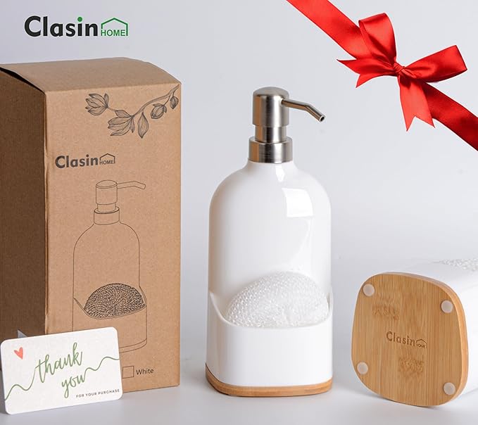 Kitchen Soap Dispenser with Sponge Holder, Refillable Acrylic Dish Soap Dispenser 17oz for Kitchen Sink and Bathroom, Anti Slip, Countertop Home Decor (White)