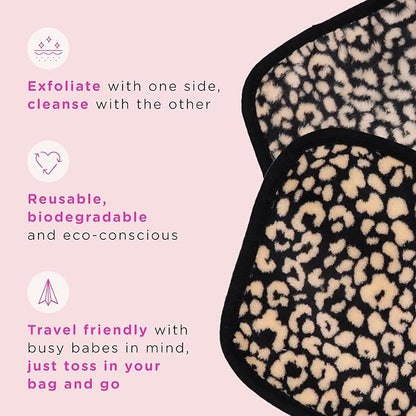 ERASE YOUR FACE Reusable Makeup Remover Cloths - Microfiber Face Towels to Cleanse & Remove Makeup - Water Activated for Sensitive Skin - Black & Animal Print (2 Count)